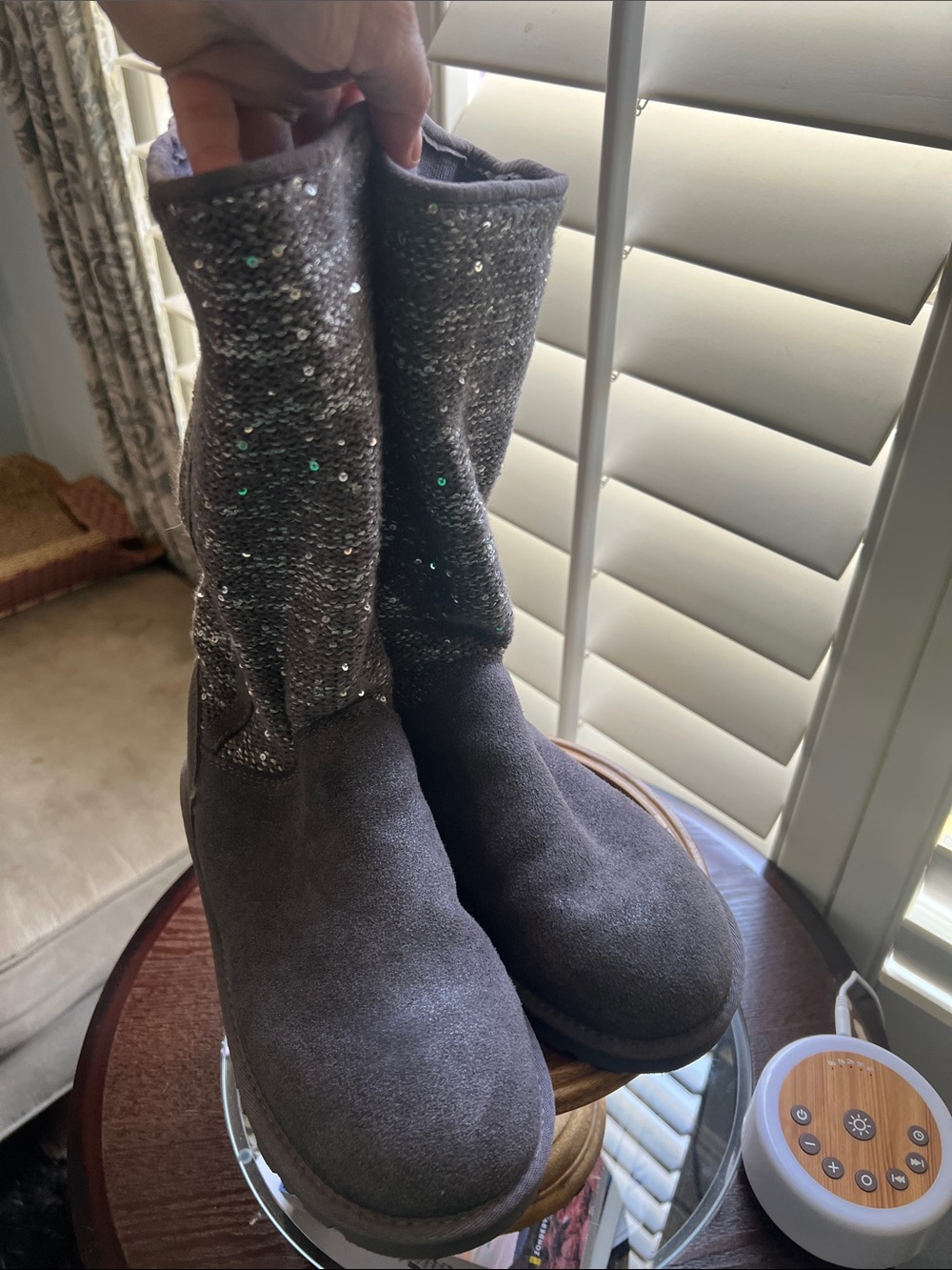 1 hour sale. NWOT. UGG, size 7, Gray Suede Camaya Boots w/ Sparkle, Knit Mid-Cal - Picture 5 of 9